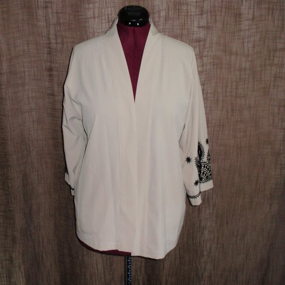 Linea Dell'Olio Open Front Tan Black Embroidery Cardigan Sz M 3/4 Sleeves - Picture 1 of 15